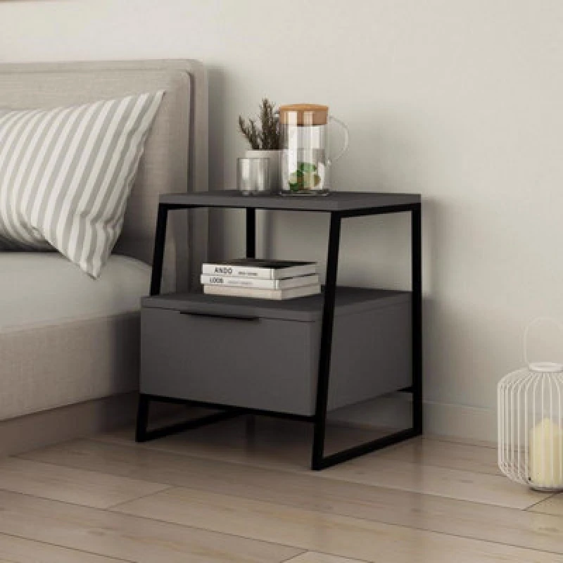 Image of FWStyle FWStyle Dark Grey 1 Door Bedside Table Nightstand Black Metal Grey One Size Unisex 5056413133250