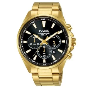 image of Mens Gold Plated Dress Bracelet Chronograph Watch Black Dial 100M