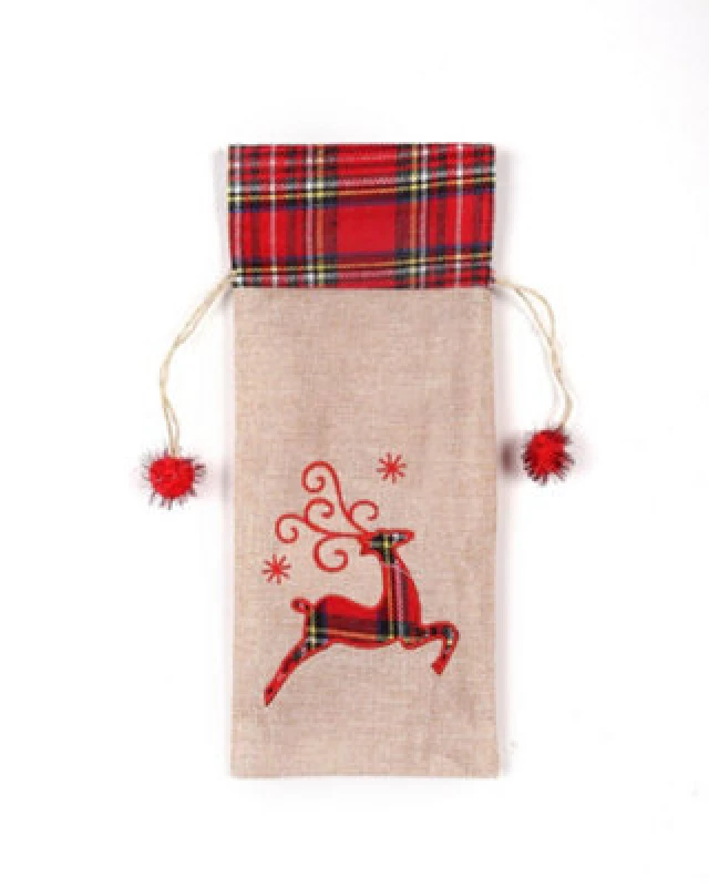Image of Shatchi Wine Bottle Liquor Cover Bag with Drawstring Printed Pattern Burlap Hessian Linen Novelty Dinner Table Decorations-Reindee Brown unisex