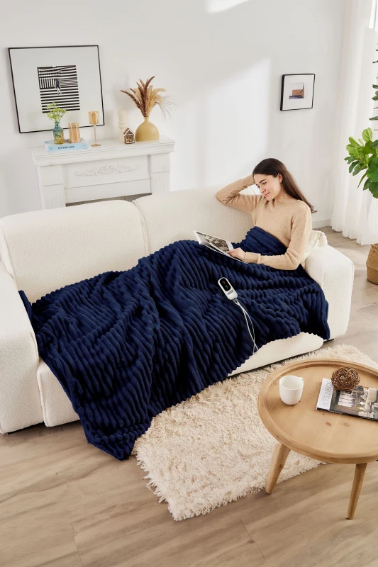 Image of Neo Waffle Shaped Electric Blanket Heated Fleece Overblanket Throw Machine Washable Remote Timer Control Heat Settings Dark Navy