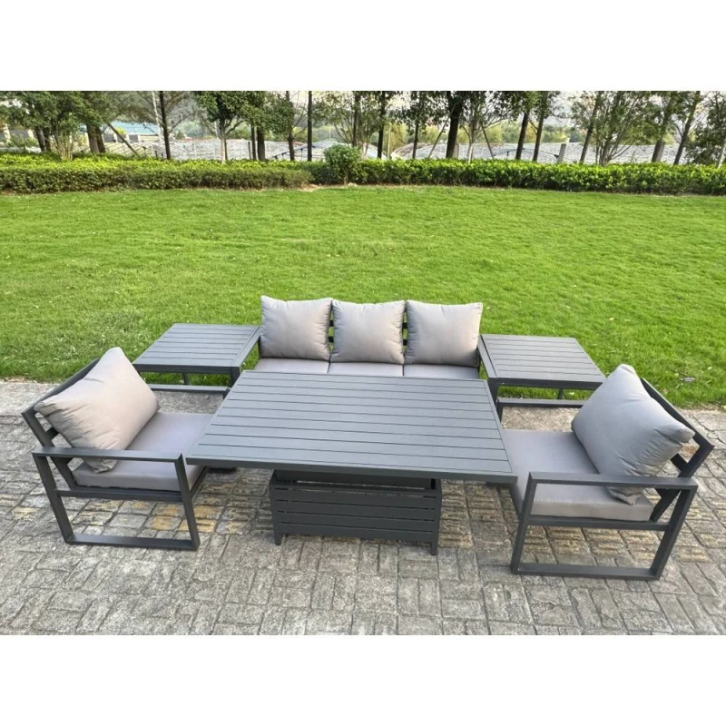 Image of Fimous Aluminum 6 Piece 5-Seater Sofa Set with Lifting Table, 2 Chairs in Dark Grey Dark Grey Unisex