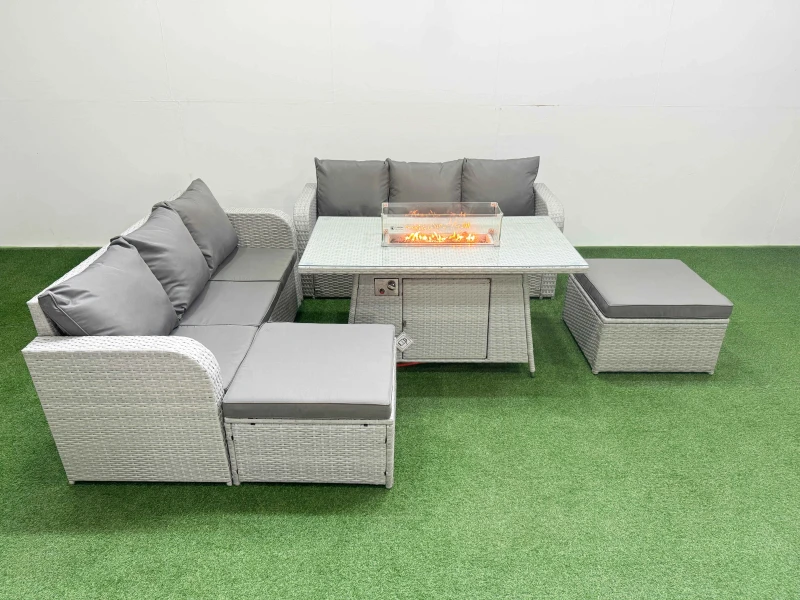 Image of Fimous Outdoor Garden Furniture Sets 8 Seater Wicker Rattan Furniture Sofa Sets with Firepit Dining Table high Back Lounge Sofa 2 Big Footstool Light