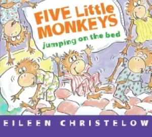 Image of five little monkeys jumping on the bed