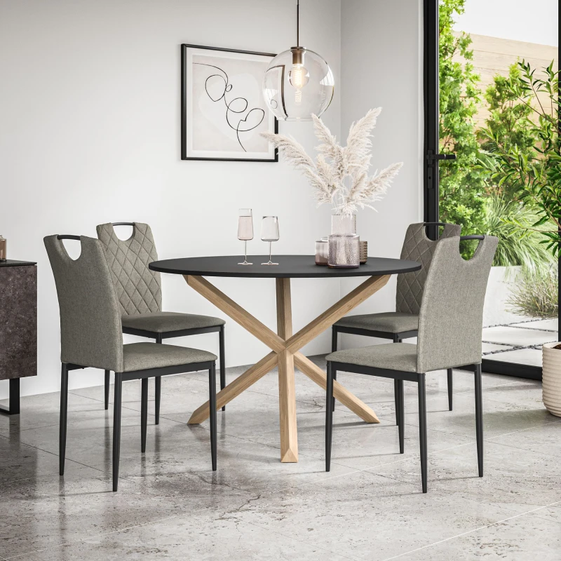 Image of More4Homes Malvern Round Dining Table And Chairs - Black Table Top W Solid Oak Legs + Monza Fabric Dining Chair Set Of 4 (Grey)