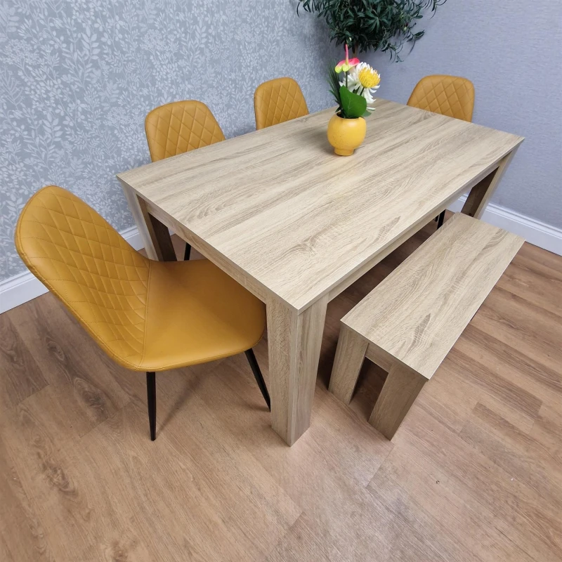 Image of KOSY KOALA Wooden Dining Table Set for 6 Oak Effect Table With 4 Mustard Gem Patterned Chairs and 1 Bench Beige