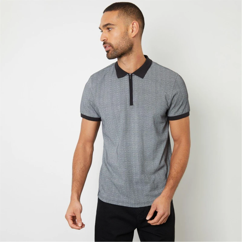 Image of Threadbare 'Wimpole' Printed Zip Neck Cotton Polo Shirt Black male