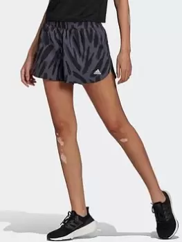 Image of adidas Run Icons Allover Print Running Shorts, Blue/Black Size M Women