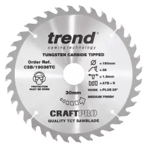 image of Trend CRAFTPRO Wood Cutting Saw Blade For DEWALT DCS575 190mm 36T 30mm