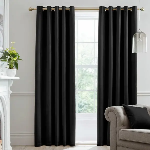 Image of LAURENCE LLEWELYN BOWEN Laurence Llewelyn Bowen - Montrose Velvet Blackout Eyelet Lined Curtains, Black, 90 x 90" MTEBK90906CPL