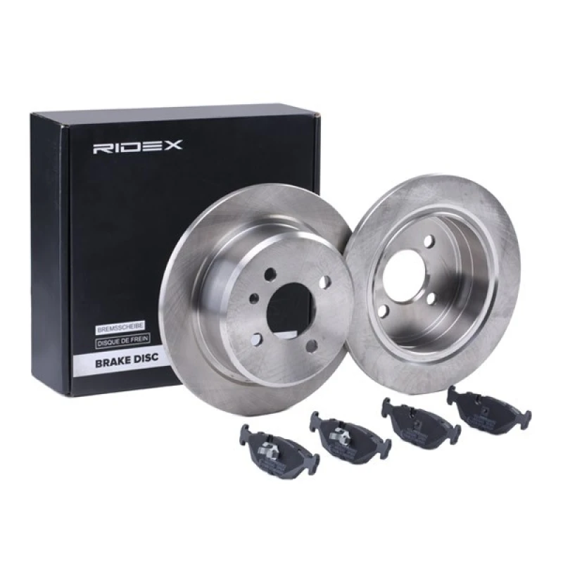 Image of RIDEX 3405B1082 Brake disc and pads set Rear Axle, Brake Disc Type: Solid, prepared for wear warning indicator, with piston clip Brake Set,disc brake