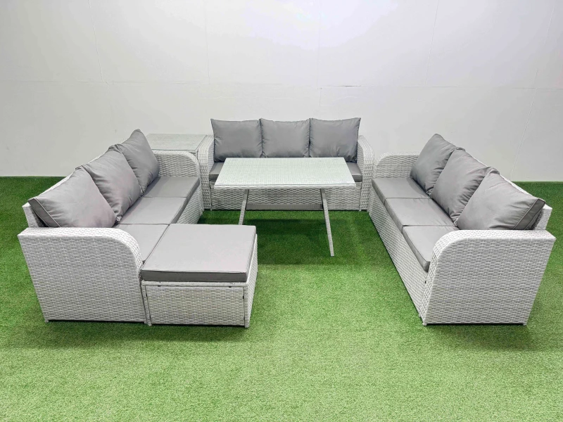 Image of Fimous 10 Seat PE Rattan Garden Furniture with Side Table Big Stool in Light Grey Light Grey Unisex