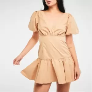 Missguided Petite Puff Sleeve Frill Hem Mini Dress - Beige