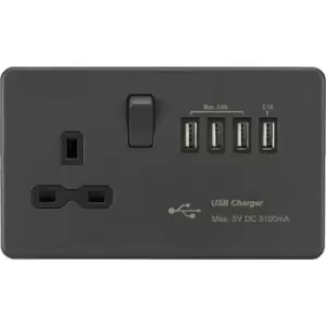 image of Screwless 13A Switched Socket with Quad USB charger (5.1A) - Anthracite 230V IP20