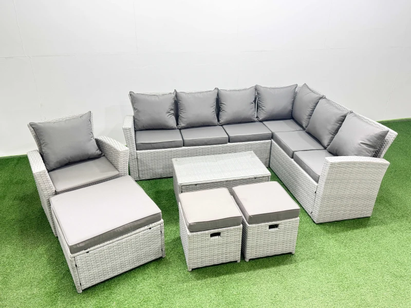 Image of Fimous Garden Outdoor Rattan Furniture Set 10 Seater Rattan Garden Sofa Set in Light Grey Light Grey Unisex
