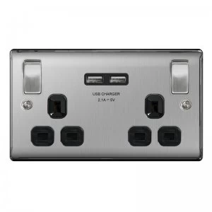 image of Masterplug Brushed Steel Switched 13A Double Socket + 2 x USB Port Insert