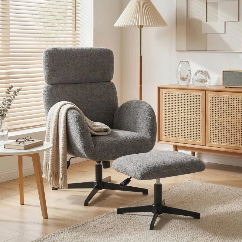 Image of HOMCOM Swivel Armchair with Footstool, Rocking Accent Chair in Grey Grey Unisex Armchair