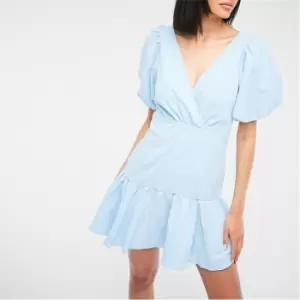 Missguided Wrap Puff Sleeve Poplin Mini Dress - Blue