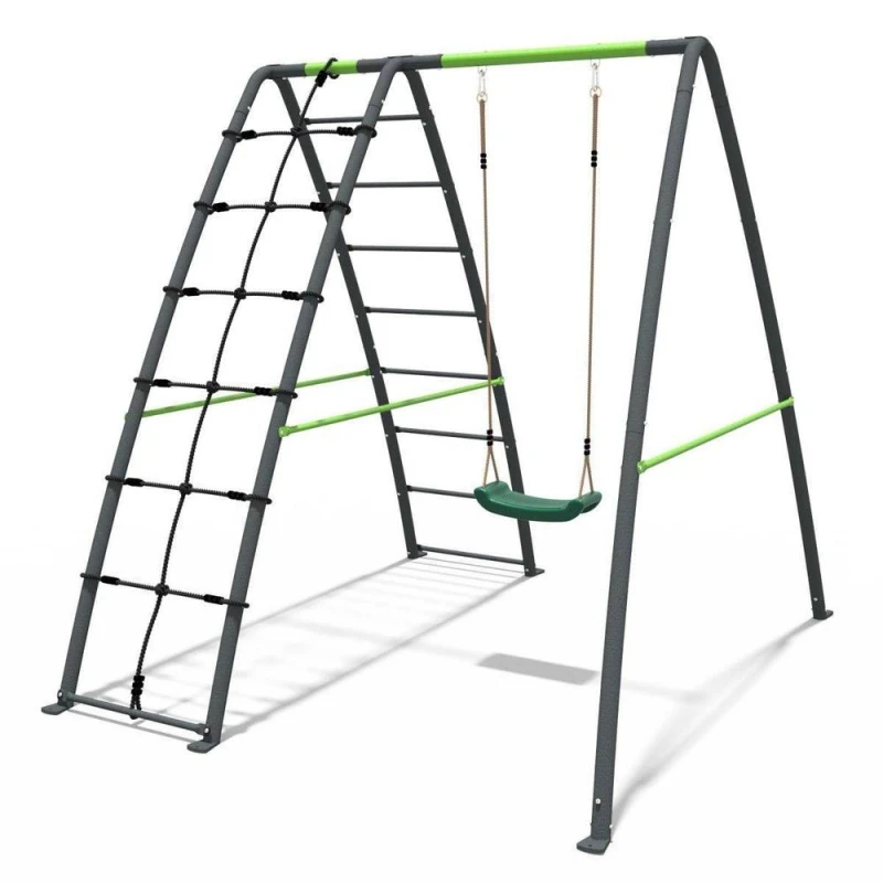 Image of OutdoorToys Children's Single Metal Swing Set with Up & Over Climbing Wall in Grey Grey Unisex