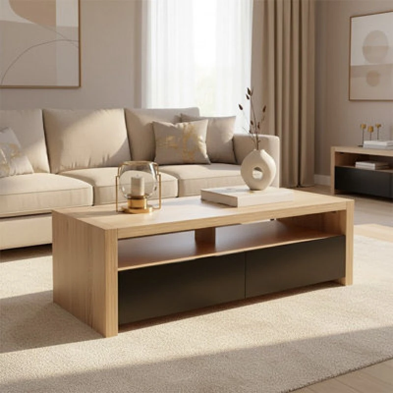 Image of Premier Housewares Interiors by Premier 2 Drawers And 1 Shelf Coffee Table, Modern Coffee Table That Has Storage, Wooden Coffee Table For Home Natural