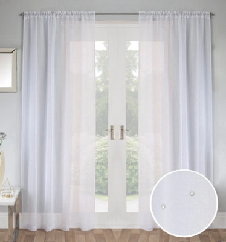 Image of Tyrone Textiles Pair Of Jewel White Voile Panels With Sparkle Pattern And Rod Pocket Header 122 Cms