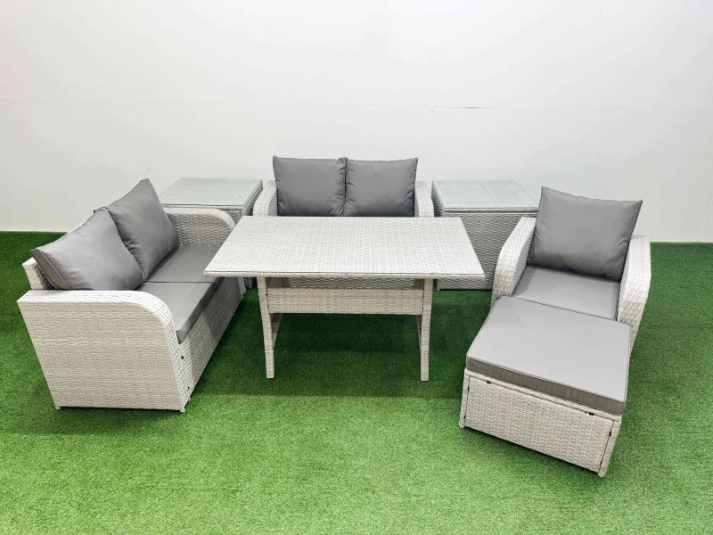 Image of Fimous High Back Poly Rattan Garden Furniture Set with Reclining Chair Loveseat Sofa Rectangular Dining Table Indoor Outdoor Patio Set Big Stool 2 Si