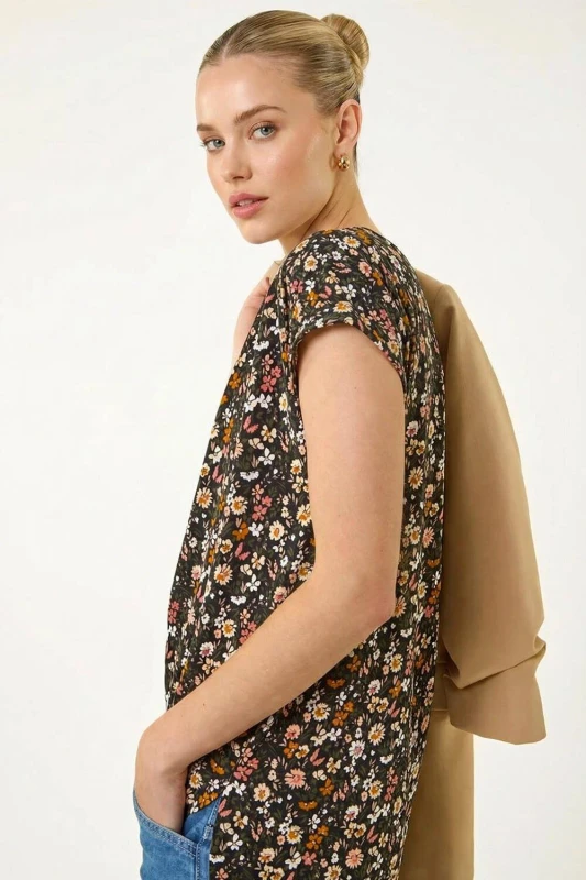 Image of Roman Womens Floral Puff Print Collared Top Size: 16 Multicolor Female 16