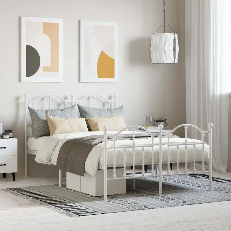 Image of Vidaxl Metal Bed Frame Without Mattress With Footboard White 120X200 Cm, White 353504