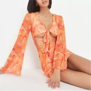 Missguided Tiger Print Mesh Tie Cut Out Mini Dress - Orange