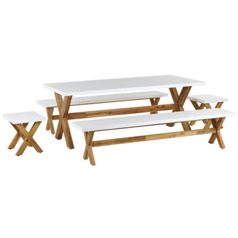Image of Beliani Garden Dining Set With Benches And Stools 8 Seater Olbia Concrete White
