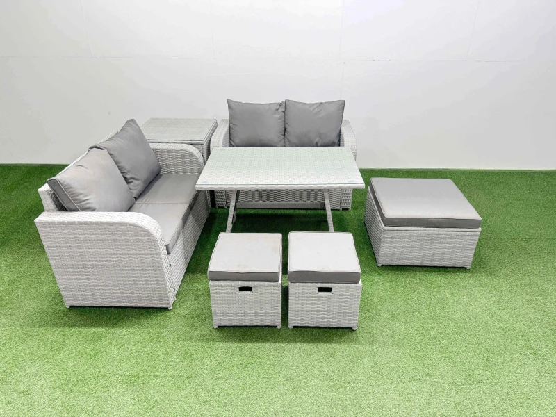 Image of Fimous 7 Seater Outdoor Love Sofa Set Rattan Garden Furniture Set in Light Grey Light Grey Unisex