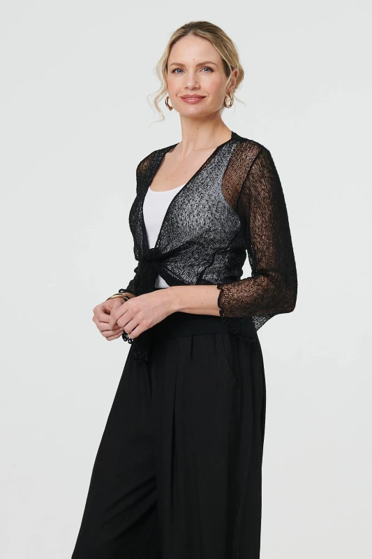 Image of Izabel London Womens Sheer 3/4 Sleeve Open Front Cardigan in Black Female One Size