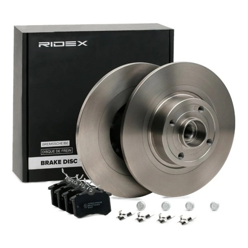 Image of RIDEX 3405B1516 Brake disc and pads set with accessories, Rear Axle, Brake Disc Type: Solid, not prepared for wear warning indicator, with ABS sensor