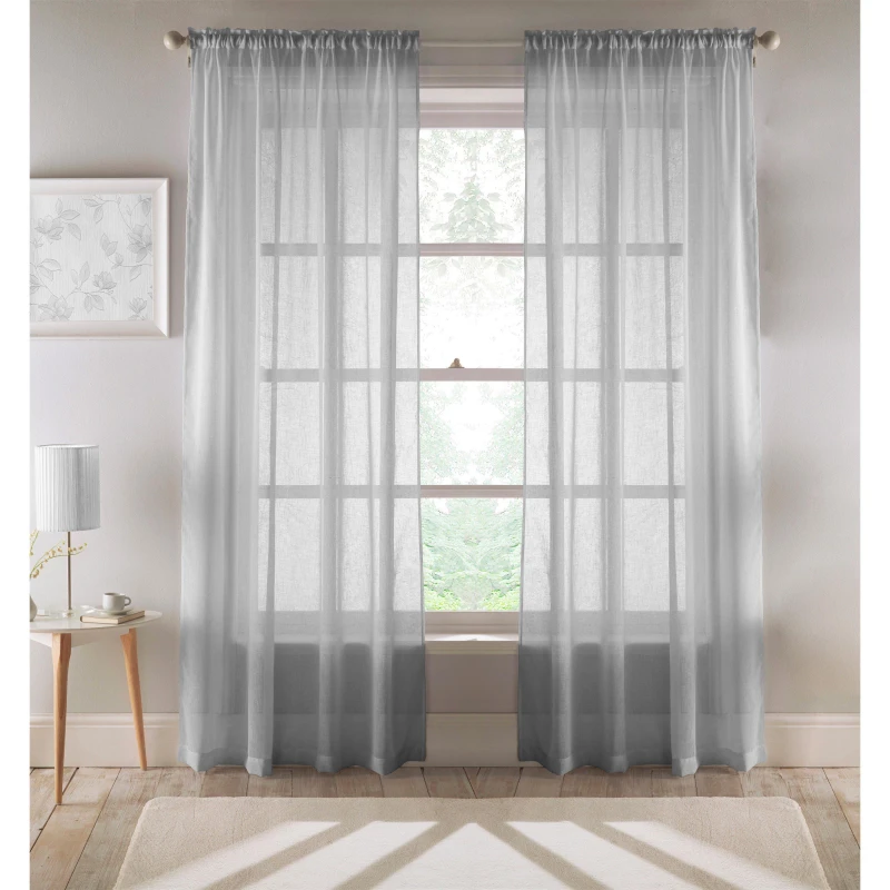 Image of Tyrone Textiles Recycled Eco Friendly Linen Look Plan Voile Panel Pair with Rod Pocket- Ready To Hang Silver