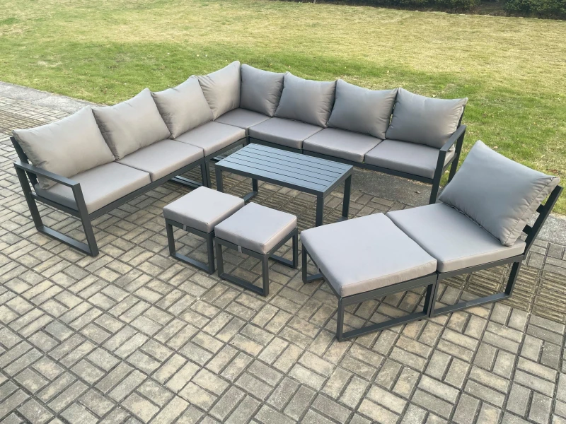 Image of Fimous Aluminium 11 Seater Patio Outdoor Garden Furniture Lounge Corner Sofa Set with Oblong Coffee Table 3 Footstools Dark Grey Dark Grey Unisex