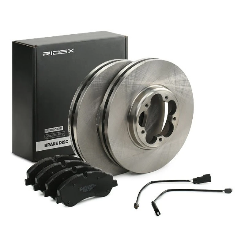 Image of RIDEX 3405B1424 Brake disc and pads set with accessories, Front Axle, Brake Disc Type: internally vented, incl. wear warning contact Brake Set,disc b