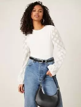 image of Dorothy Perkins Spot Long Sleeve Top - White, Size S, Women