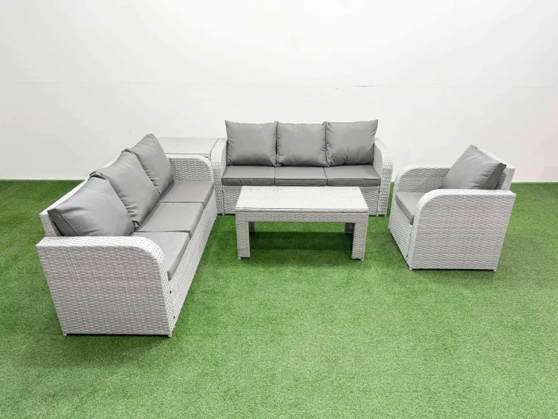 Image of Fimous 7 Seater Poly Rattan Outdoor Garden Furniture Oblong Coffee Table Sofa Set Patio 3 Seater Sofa Reclining Chair 3 Seater Sofa Side Table Light G