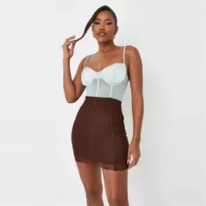 image of Missguided Mesh Satin Mix Corset Mini Dress - Brown