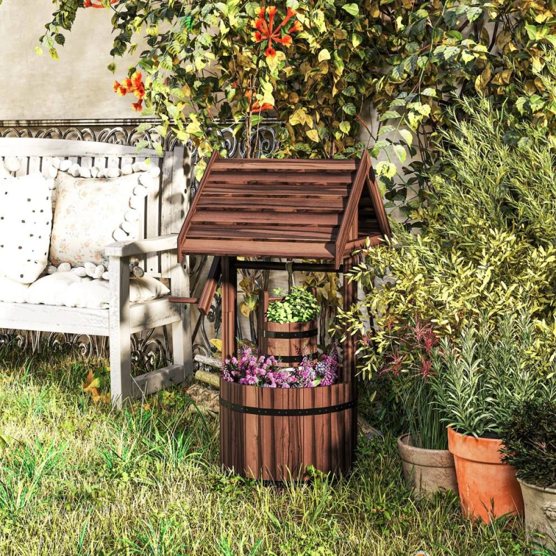 Image of OUTSUNNY Wooden Wishing Well Planter, Flower Planter with Drainage Hole in Brown Brown Unisex