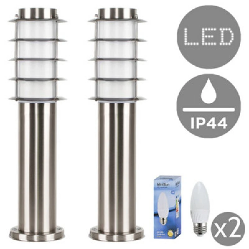 Image of Valuelights Wharf Pair Of Outdoor Stainless Steel Bollard Lantern Light Post 450mm Complete With 4W LED Candle Bulbs 3000K