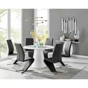 Image of Furniture Box Palma White High Gloss Round Dining Table and 6 Black Willow Chairs