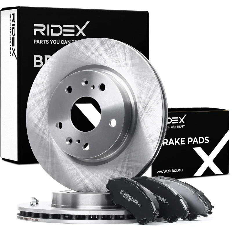 Image of RIDEX 3405B1109 Brake disc and pads set Front Axle, Brake Disc Type: internally vented, with acoustic wear warning Brake Set,disc brakes (3405)