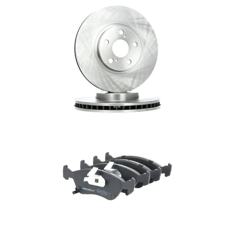 Image of RIDEX 3405B2677 Brake disc and pads set Front Axle, Brake Disc Type: Vented, with acoustic wear warning Brake Set,disc brakes (3405)