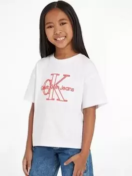 Image of Calvin Klein Jeans Girls Monogram Embroidery Short Sleeve T-Shirt - White, Size Age: 14 Years, Women