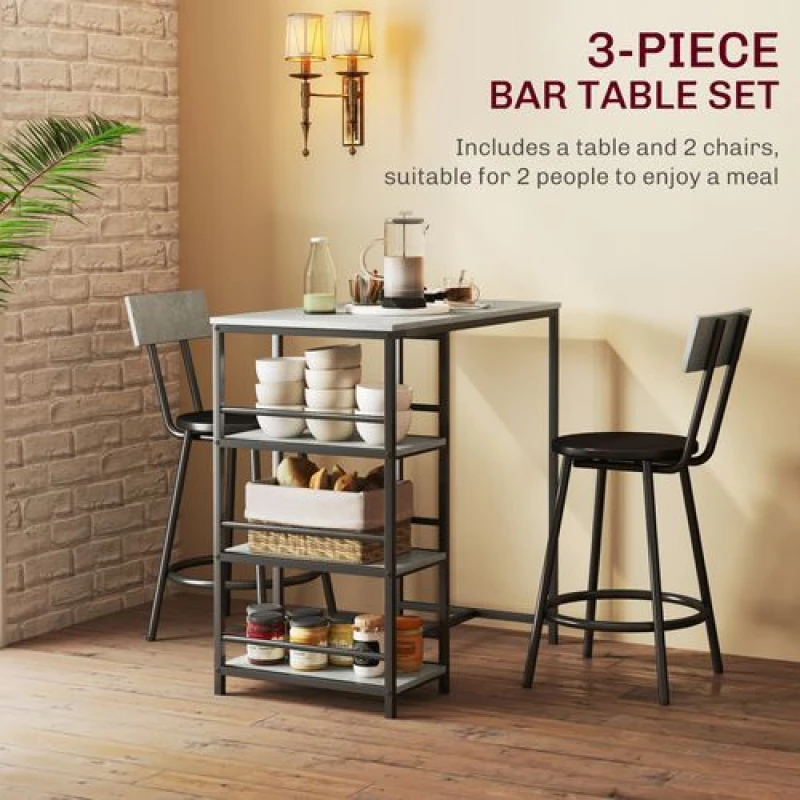 Image of HOMCOM 3 Piece Breakfast Bar Table Set with Storage Shelves, Light Grey Light Grey