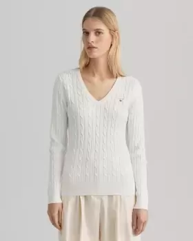Image of GANT Women Stretch Cotton Cable V-Neck Sweater (L) Beige