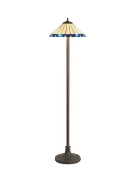 Image of 2 Light Stepped Design Floor Lamp E27 With 40cm Tiffany Shade, Blue, Crystal, Aged Antique Brass
