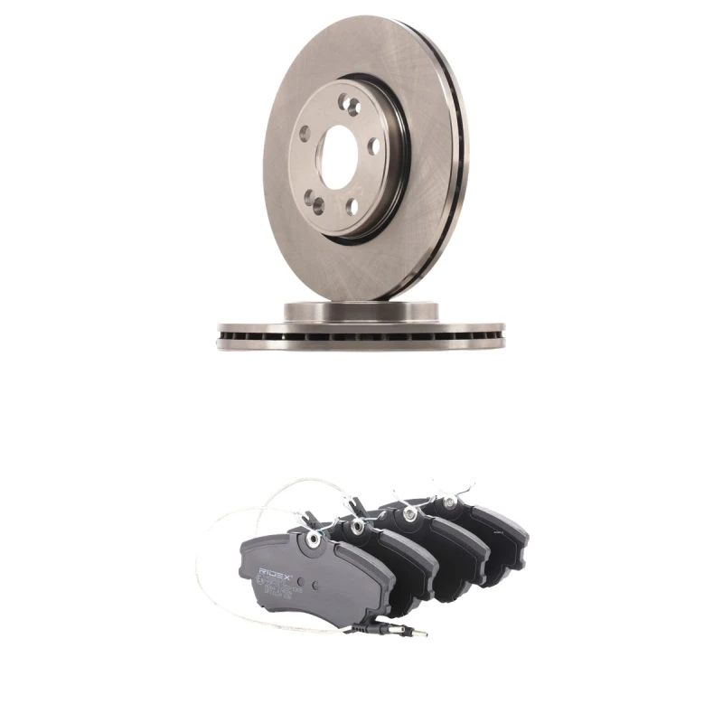 Image of RIDEX 3405B2856 Brake disc and pads set Front Axle, Brake Disc Type: Externally Vented, incl. wear warning contact Brake Set,disc brakes (3405)