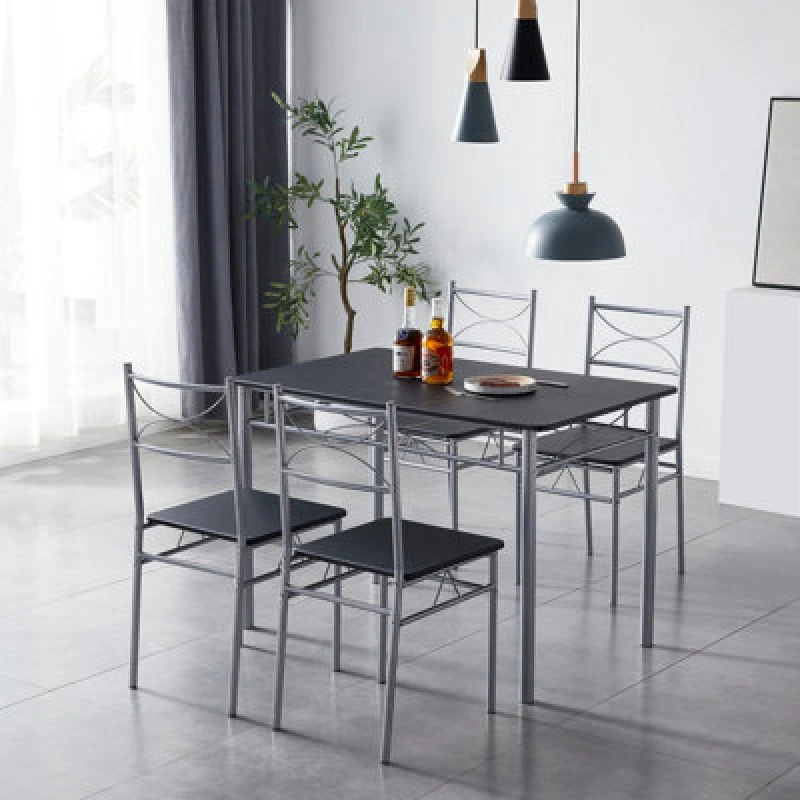 Image of MCC DIRECT Mcc Direct - Dining Table and Chairs Set Metal Wood Effect Table Dining Set 4 Chairs Silvia Black TS3004