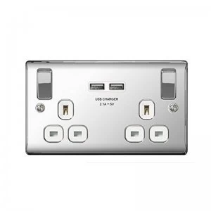 Masterplug Polished Chrome Switched 13A Double Socket + 2 x USB Port Insert